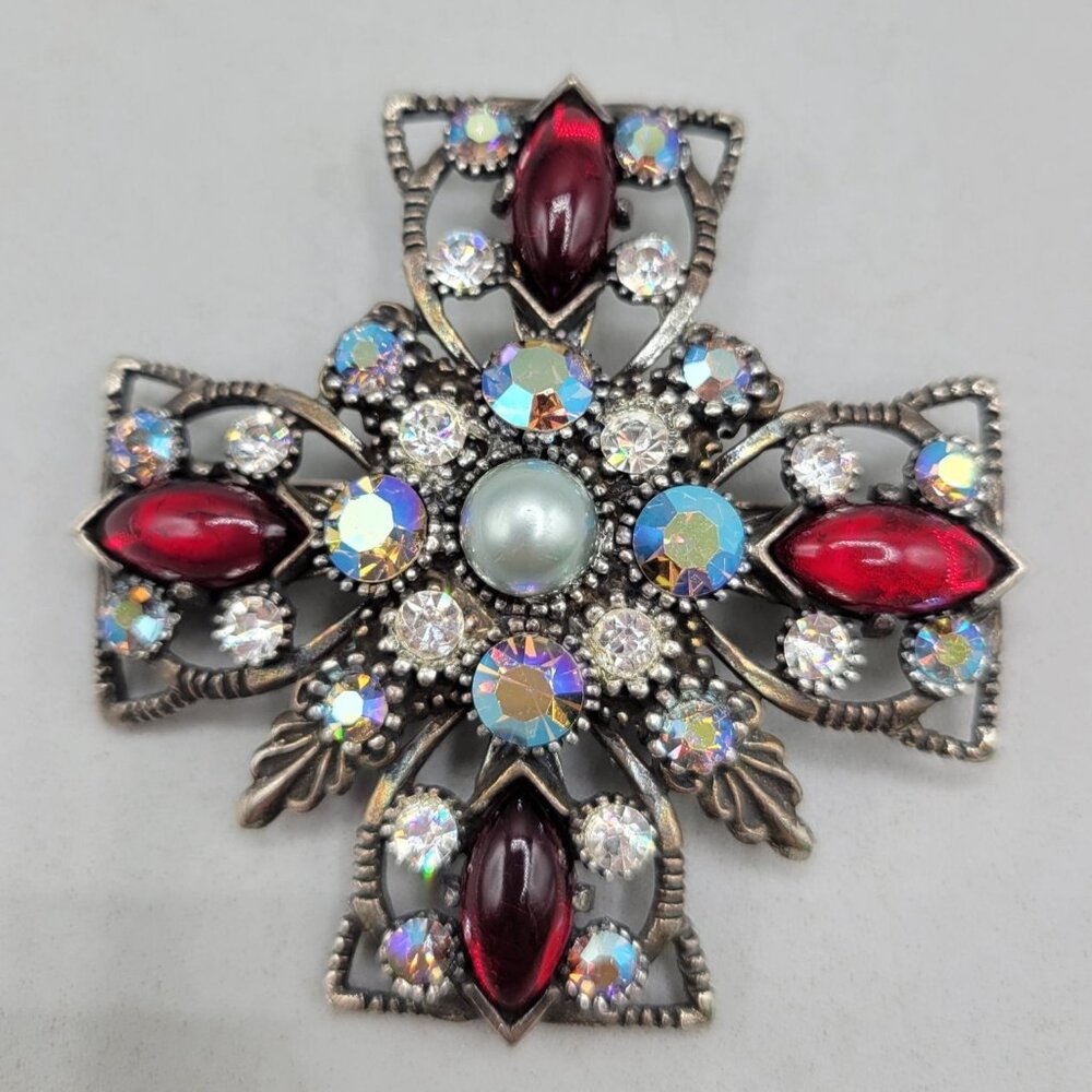 Vintage Czech Maltese Cross Rhinestone Brooch Pendant Aurora Borealis Red Pearl
